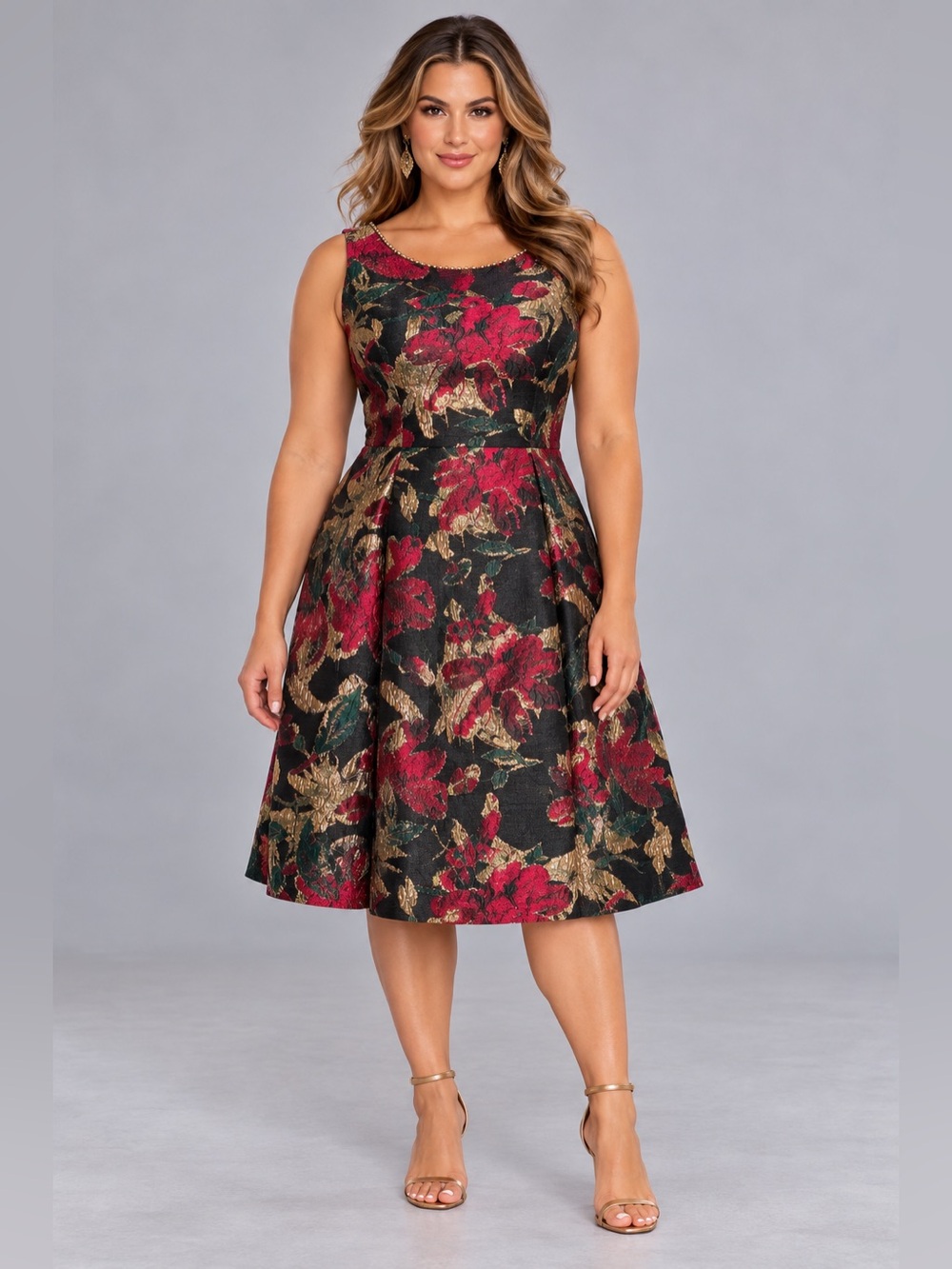 NWT Adrianna Papell Metallic Floral Jacquard Fit Flare Dress Beaded Neckline 16